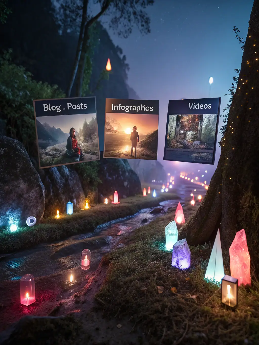 A creative visual representing content creation, featuring a mix of blog posts, infographics, and video production elements.