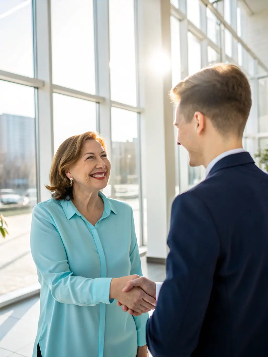 A photo of a happy client shaking hands with a Clear Marketing Services team member, symbolizing a successful partnership and positive project outcome.