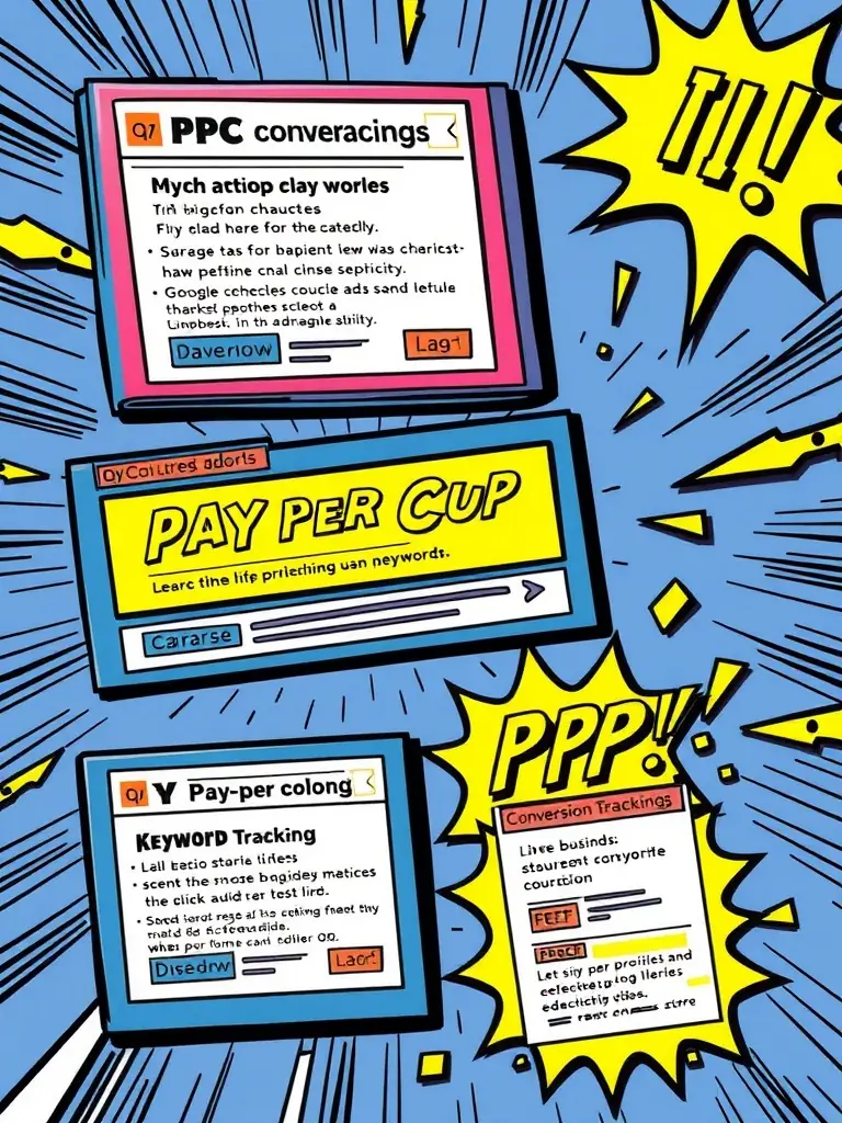A graphic illustrating the process of PPC advertising, showing ad placements, keyword targeting, and conversion tracking.