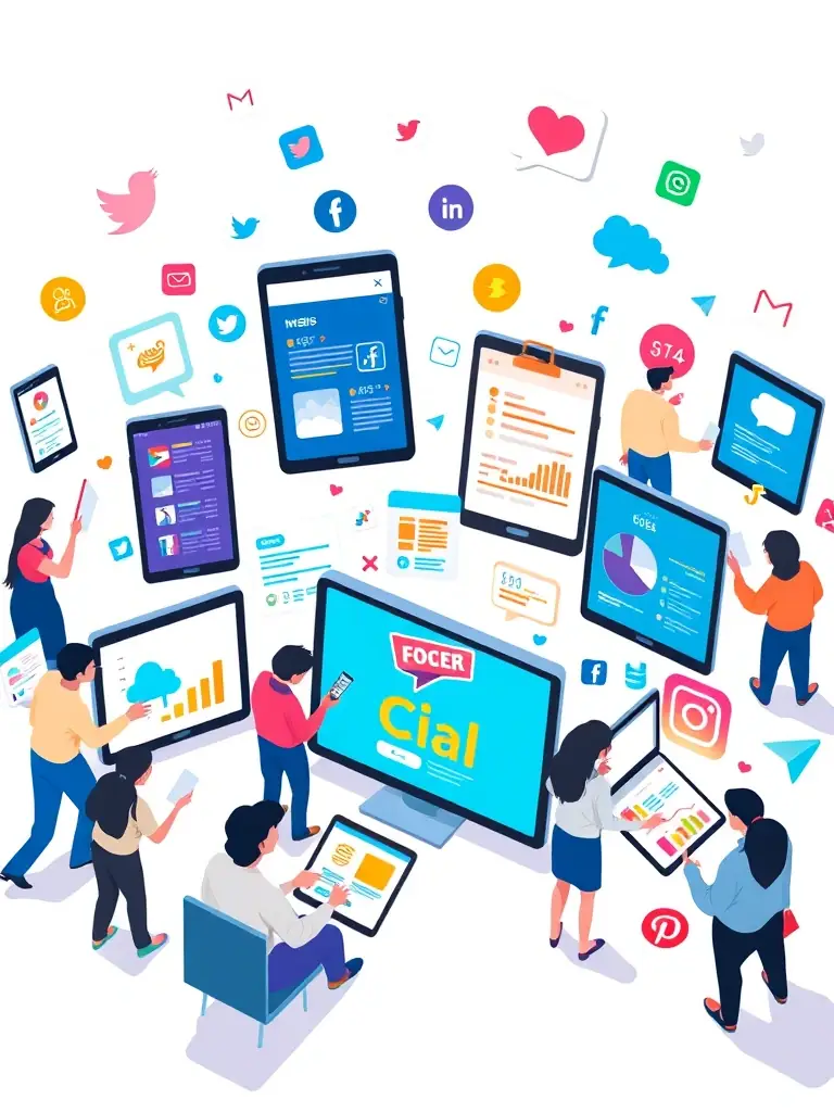 A vibrant image showcasing various social media platforms on different devices, highlighting engagement and brand interaction.